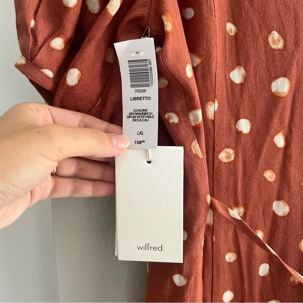 Wilfred Aritzia Libretto Dress – Rust Polka Dot Tie-Front Midi – Size Large - Picture 8 of 12